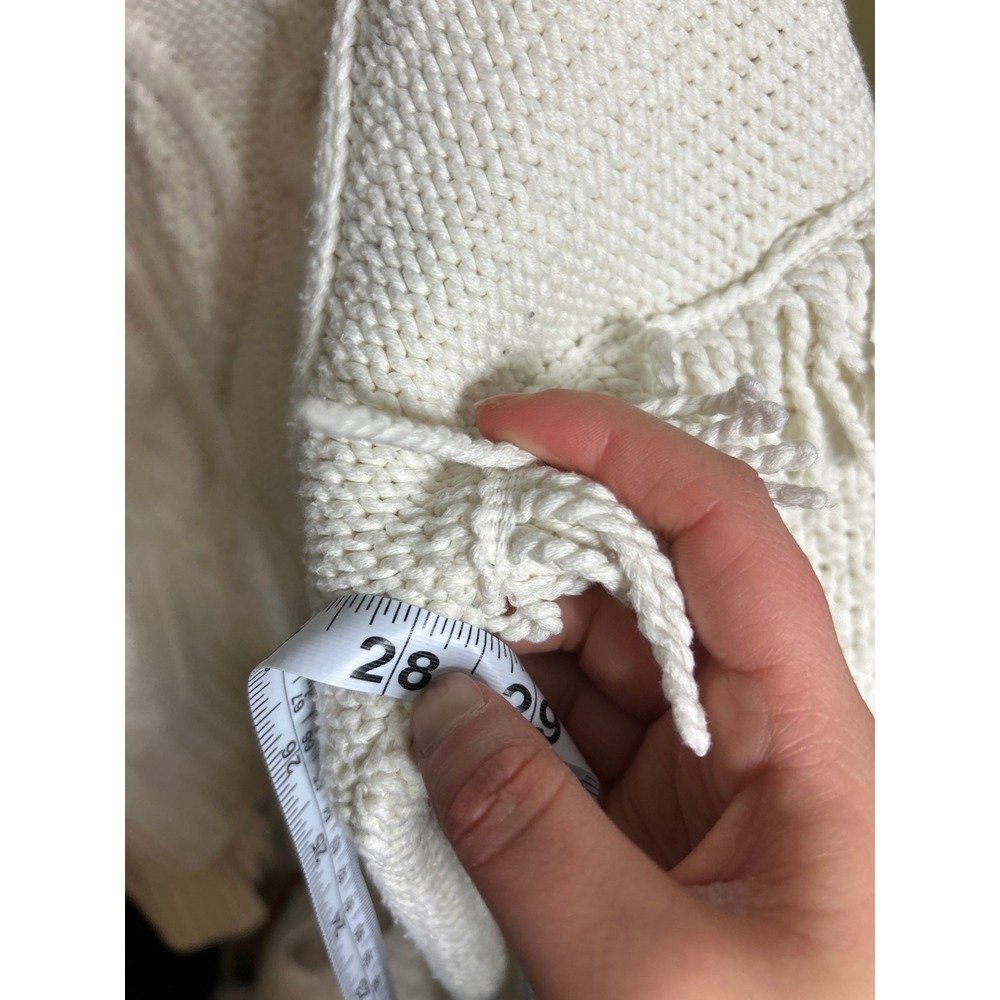 Macrame Line & Dot Cable Knit Fringe Sweater Heavy Cozy Boho Statement - Picture 6 of 6